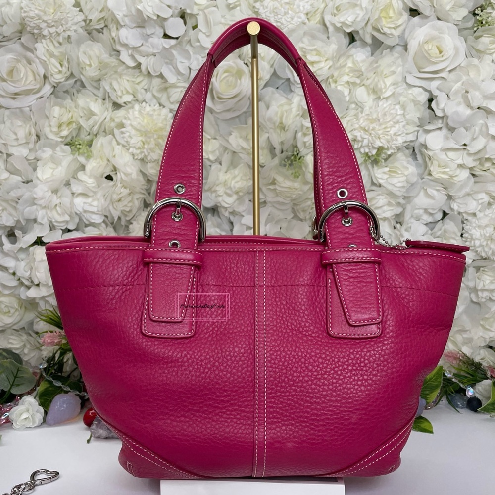 Y2K Vintage Coach Hot Pink Pebble Leather Tote Bag & Strawberry Charm Chain SET - Picture 6 of 16